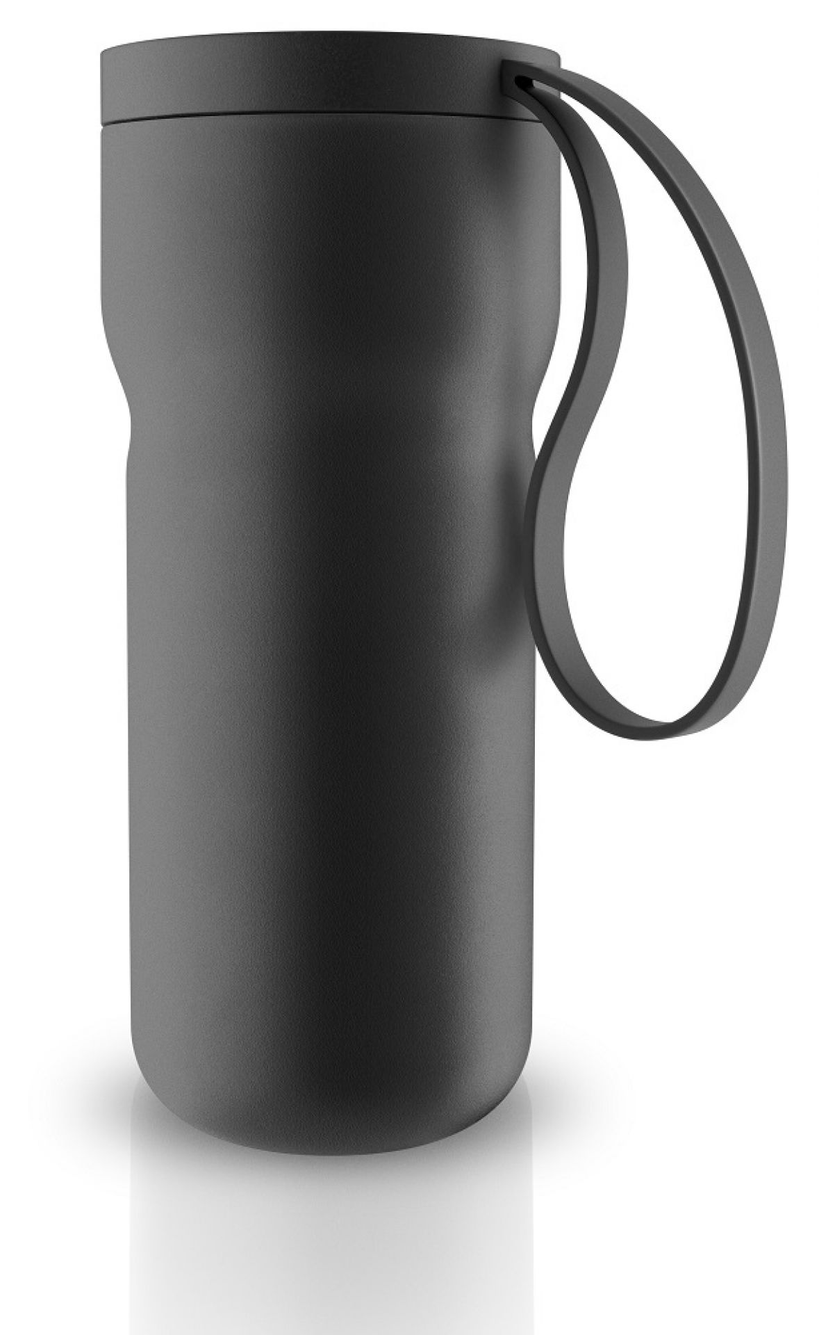 Schwarzer Eva Solo Thermobecher "Nordic Kitchen" mit Trageschlaufe, ideal für unterwegs. Kaffee bleibt warm.